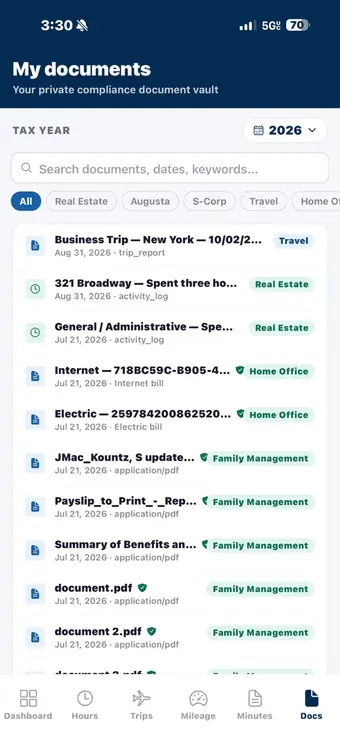 My documents — a private compliance document vault with a search field and filters for Real Estate, Augusta, S-Corp, Travel and Home Office, listing tagged trip reports, activity logs and bills.