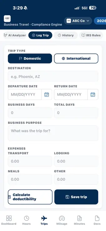 The Log Trip screen: domestic or international trip type, destination, departure and return dates, business days, business purpose and expense fields for transport, lodging, meals and other.